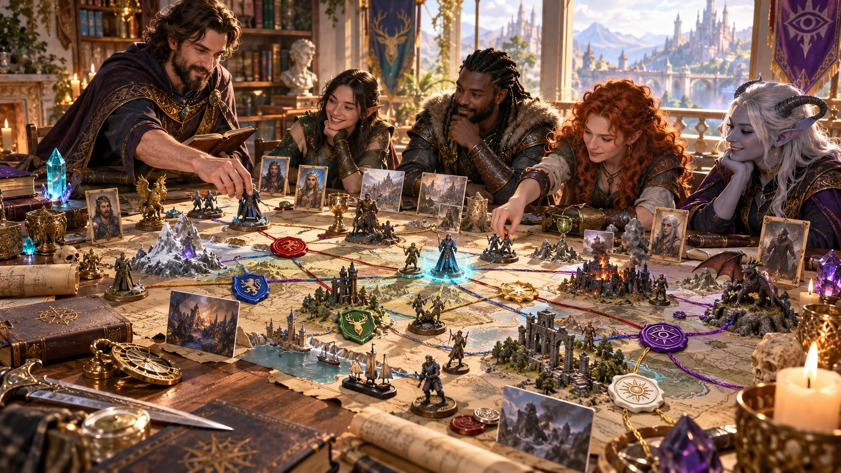 Illustration of a tabletop group tracing connected campaign moments, factions and locations