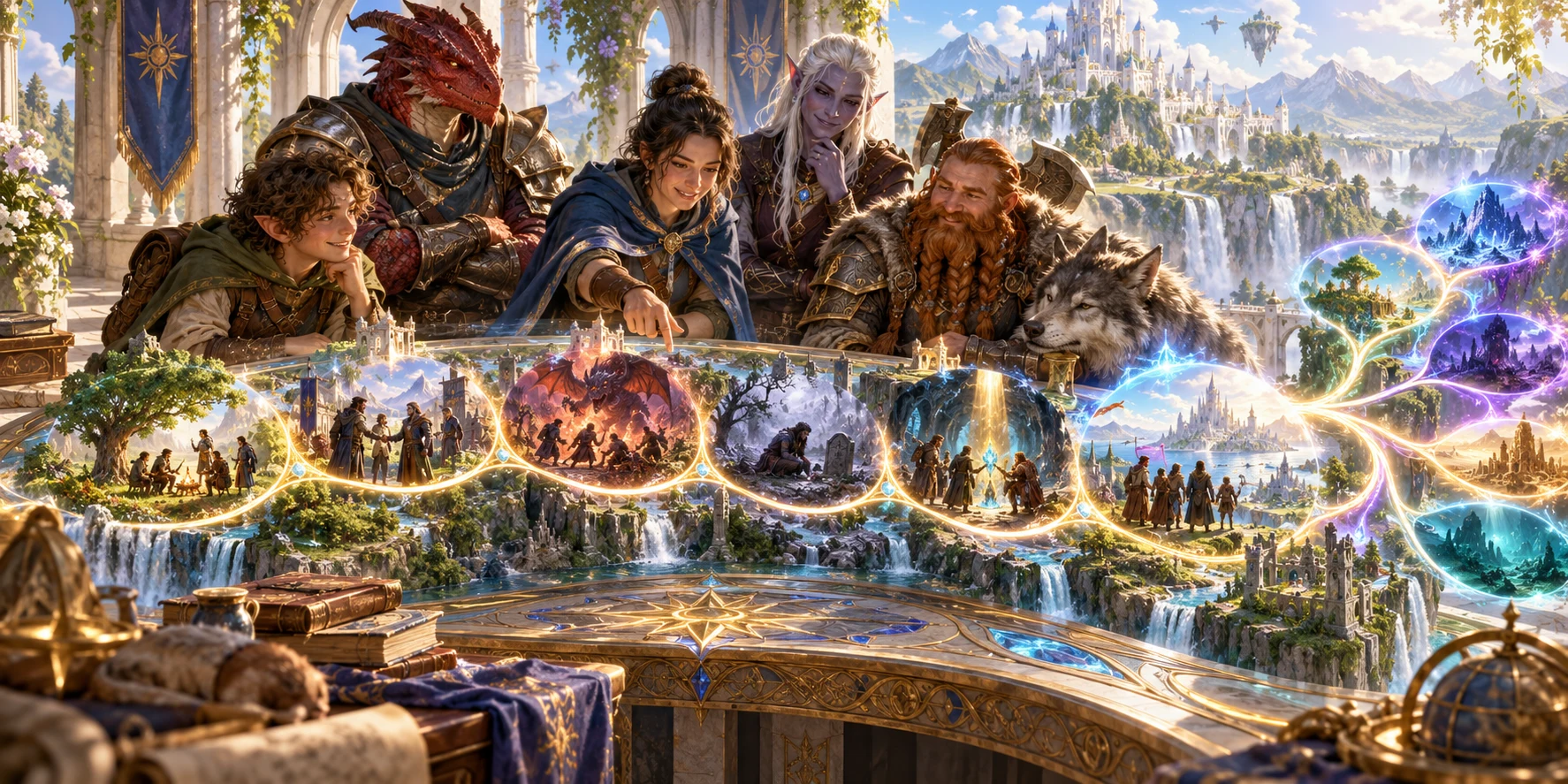 Illustration of a tabletop group reviewing past campaign scenes and open future threads
