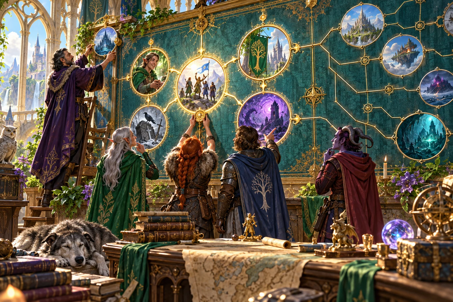 Fantasy illustration of a group linking campaign events on a wall of connected scenes